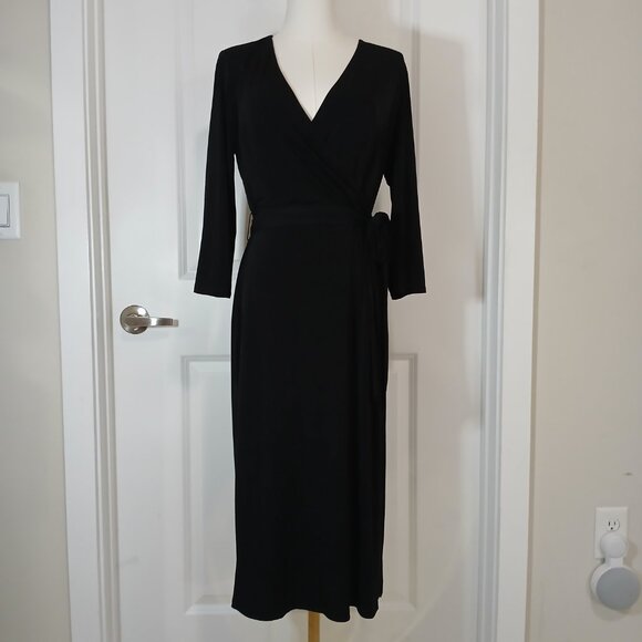 INC International Concepts Wrap Midi Dress Women’s Size M Black Belted - Picture 2 of 7